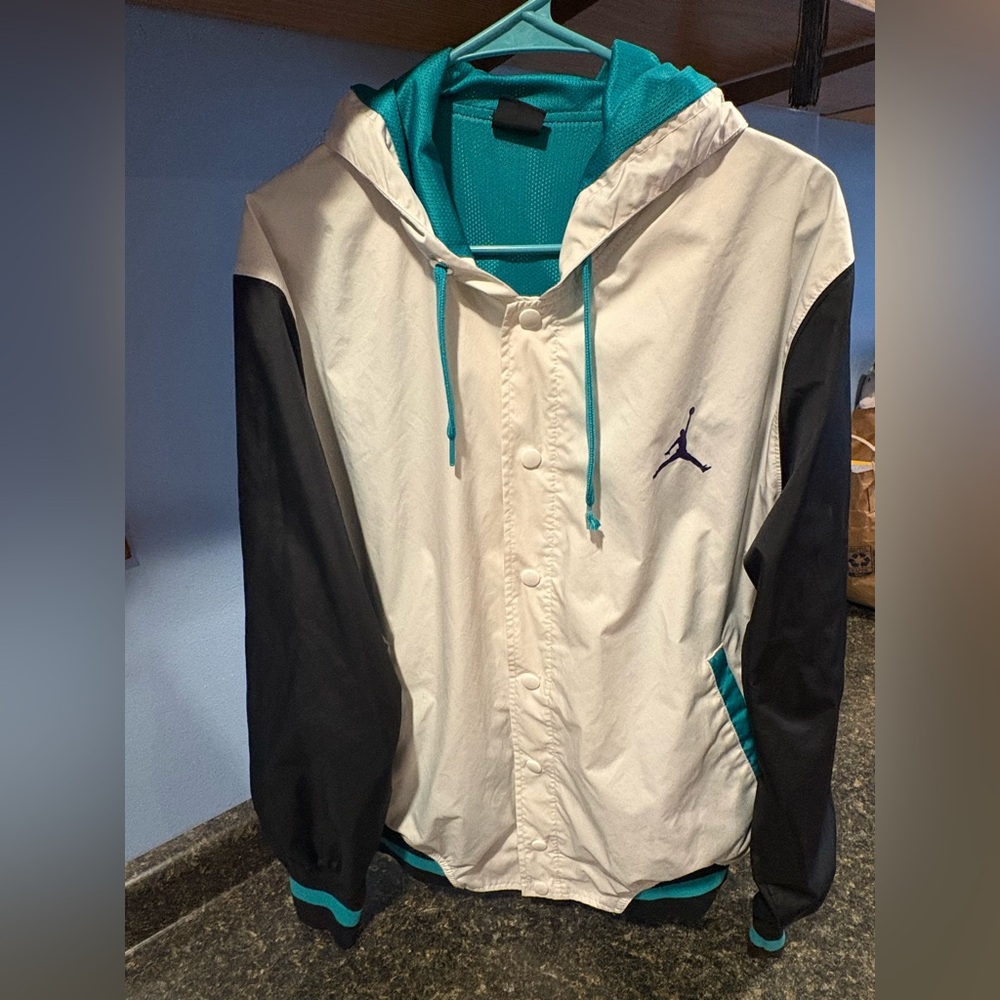 Jordan White and Black Windbreaker with Teal and Purple Accents